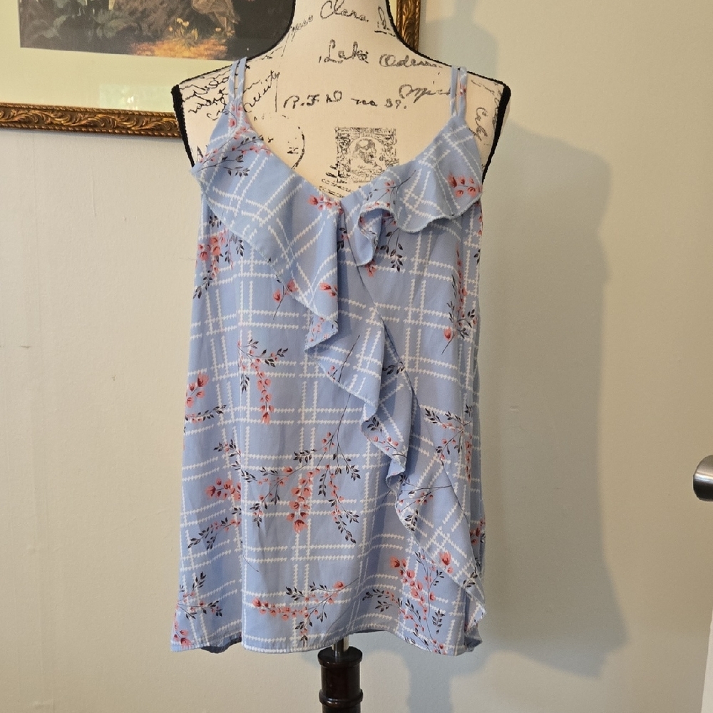Blue Ruffled Floral Tank Top